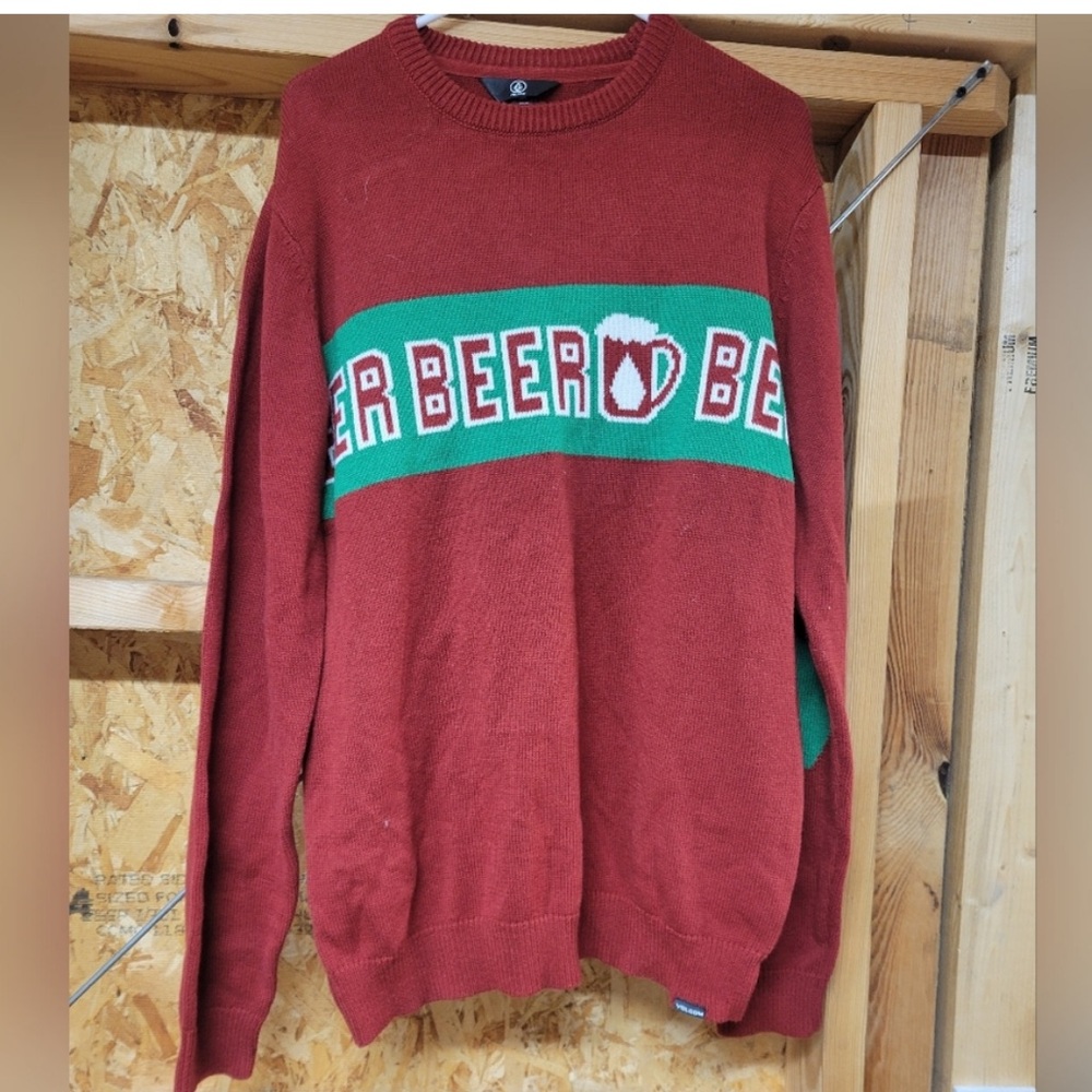 VOLCOM “Beer” Holiday Sweater Ugly Christmas Stripe Sweater Red/ Burgundy Green